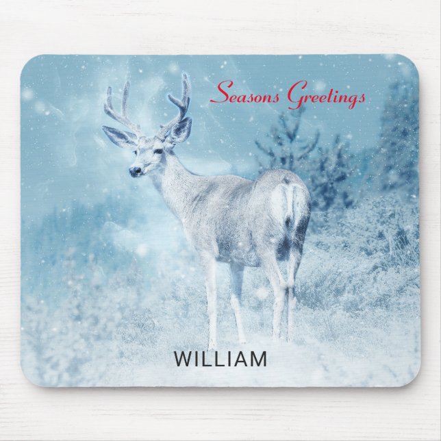 Winter Deer and Pine Trees Seasons Greetings Mouse Mat (Front)
