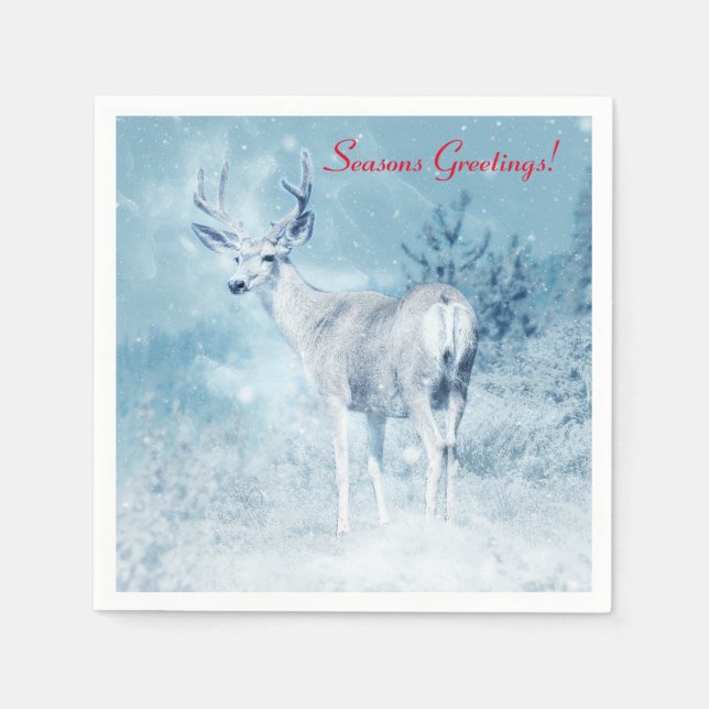 Winter Deer and Pine Trees Seasons Greetings Napkin (Front)
