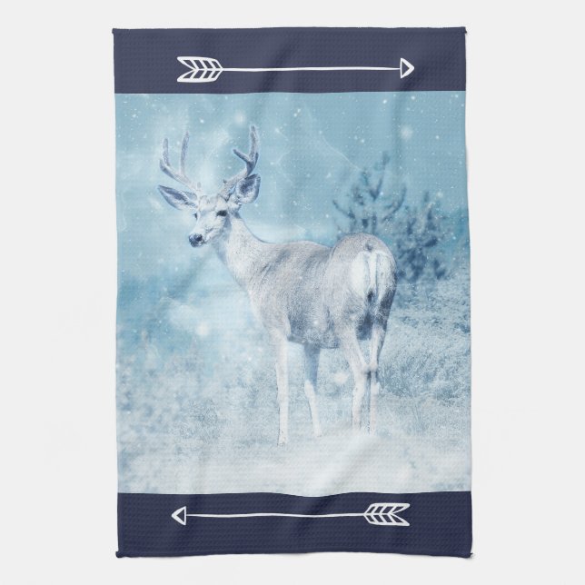Winter Deer and Pine Trees Tea Towel (Vertical)