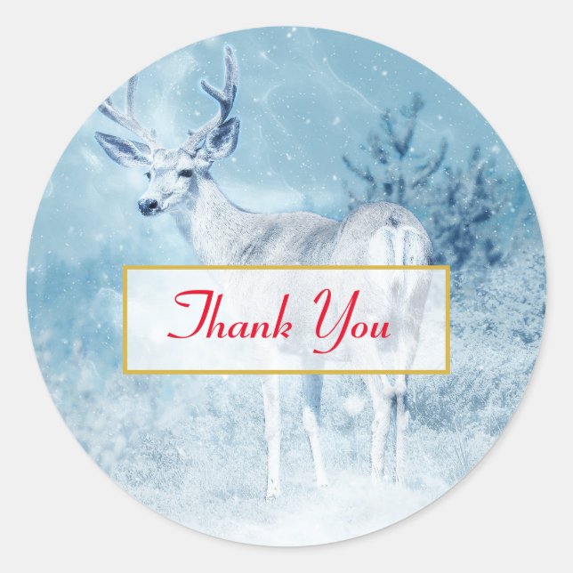 Winter Deer and Pine Trees Thank You Classic Round Sticker (Front)