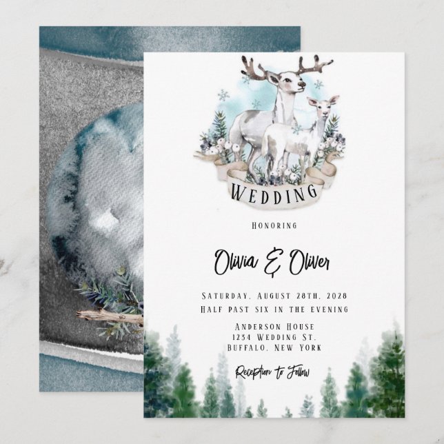 Winter Deer Antlers Snow Owl Moon Wedding  Invitation (Front/Back)