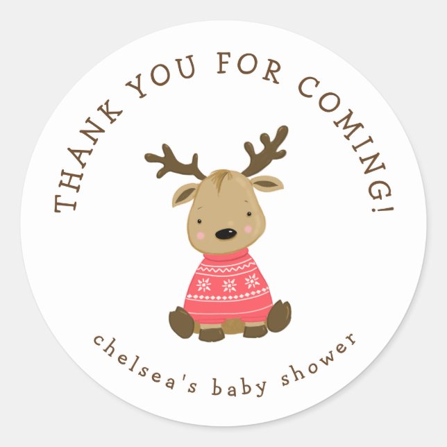 Winter Deer Baby shower favour Classic Round Sticker (Front)