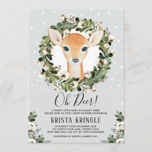 Winter Deer Baby Shower Greenery Wreath Snowflakes Invitation
