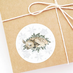 Winter Deer Blue Green Baby Shower Classic Round Sticker
