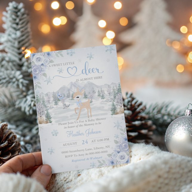 Winter Deer Blue Snowflake Baby Shower Invitation (Creator Uploaded)
