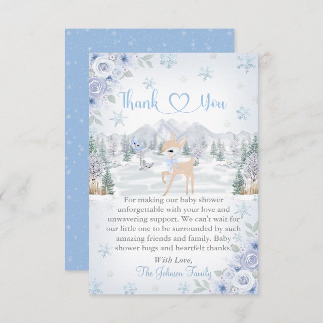 Winter Deer Blue Snowflake Baby Shower Thank You Card (Front/Back)