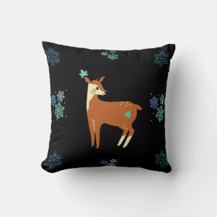 Winter Deer & blue snowflakes pattern on black Cushion
