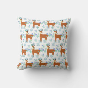 Winter Deer & blue snowflakes pattern on white Cushion