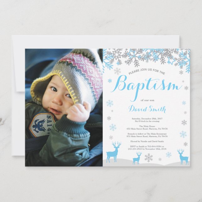 Winter Deer Boy Baptism Photo Invitation (Front)