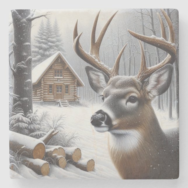 Winter deer/Buck art Stone Coaster (Front)
