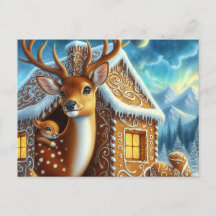  Winter Deer Family in Gingerbread House Postcard