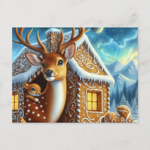  Winter Deer Family in Gingerbread House Postcard