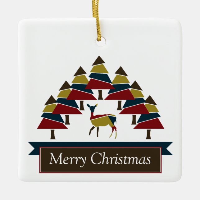 Winter Deer Forest Happy Holidays Ceramic Ornament (Front)