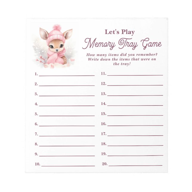 Winter Deer Girl Baby Shower Memory Tray Game Notepad (Front)