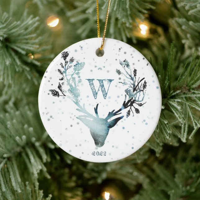 Winter Deer head Silver Blue Monogram Christmas Ce Ceramic Tree Decoration (Tree)