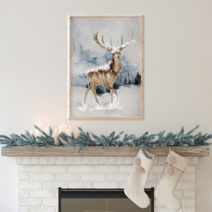 Winter Deer in snow Poster