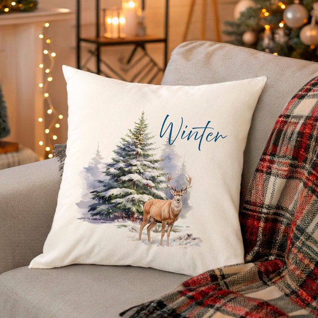 Winter Deer in Snowy Forest Cushion (Winter Deer in Snowy Forest Throw Pillow)