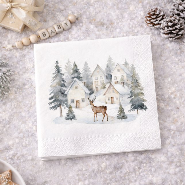 Winter Deer in Village Watercolor Baby Shower Napkin (Winter Deer in Village Watercolor Baby Shower Napkins)