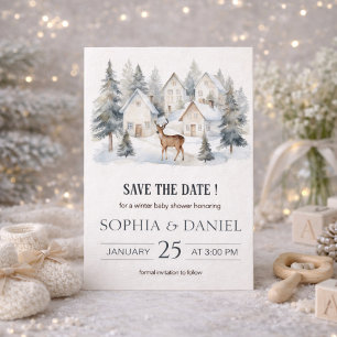 Winter Deer in Village Watercolor Baby Shower Save The Date