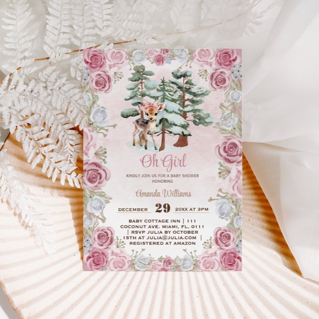 Winter Deer Oh Girl Floral Baby Girl Shower  Invitation (Creator Uploaded)