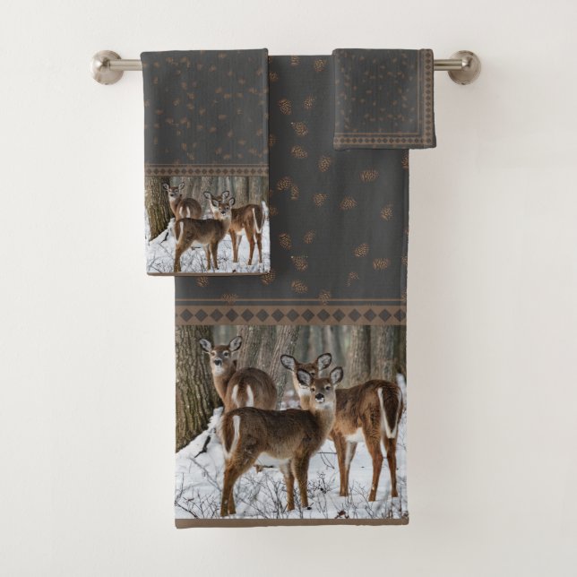Winter Deer & Pine Cones Bath Towel Set (Insitu)