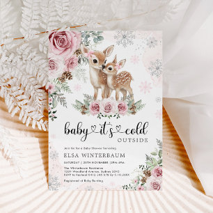Winter Deer Pink Silver Floral Girl Baby Shower Invitation