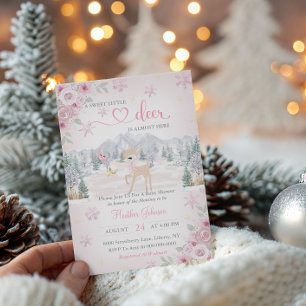 Winter Deer Pink Snowflake Baby Shower  Invitation