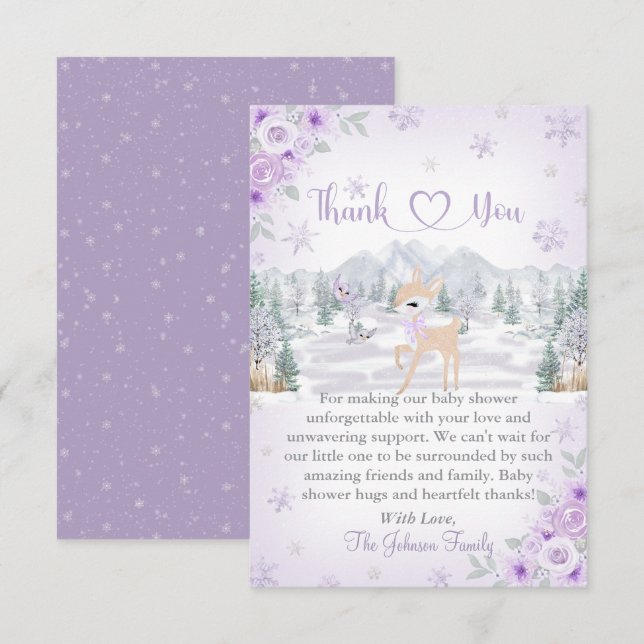 Winter Deer Purple Snowflake Baby Shower Thank You Card (Front/Back)