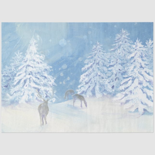 Winter Deer Snow Falling Christmas Tree Blue White Tissue Paper (Front)