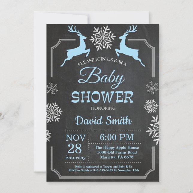 Winter Deer Snowflake Boy Baby Shower Invitation (Front)