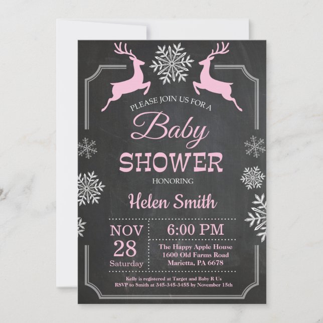 Winter Deer Snowflake Girl Baby Shower Invitation (Front)