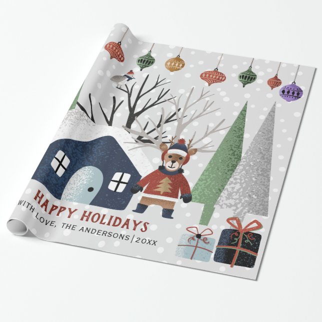 Winter deer, trees and house Christmas holiday Wrapping Paper (Unrolled)