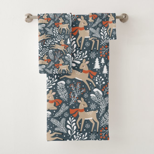 Winter Deer, Trees, Branches and Snowflakes  Bath Towel Set (Insitu)