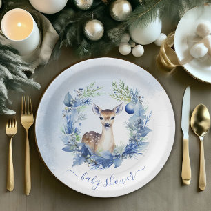 Winter Deer Watercolor Baby Shower Paper Plate