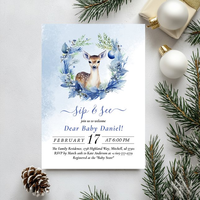 Winter Deer Watercolor Sip and See Invitation (Winter Deer Watercolor Sip and See Invitation)
