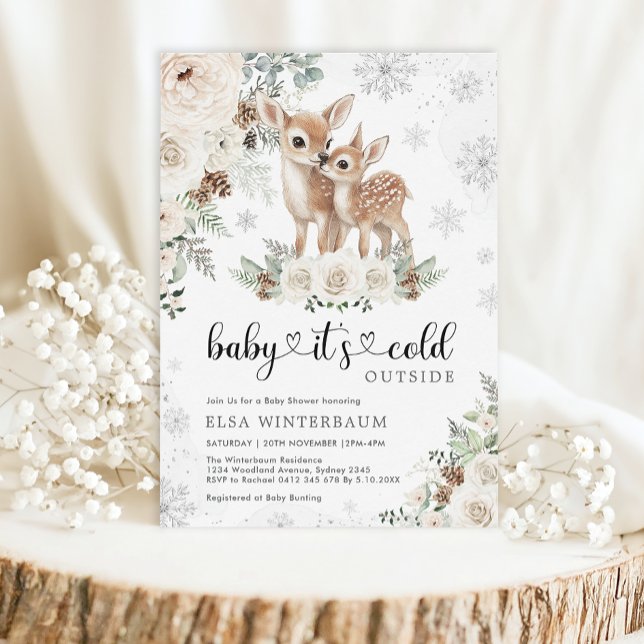 Winter Deer White Floral Snowflakes Baby Shower Invitation (Creator Uploaded)