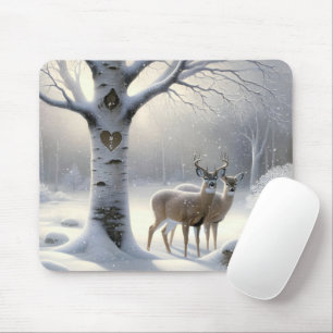 Winter Deer With Birch Tree Heart  Mouse Mat