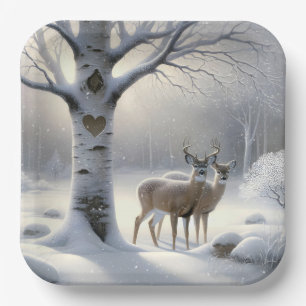 Winter Deer With Heart On Birch Tree Paper Plate