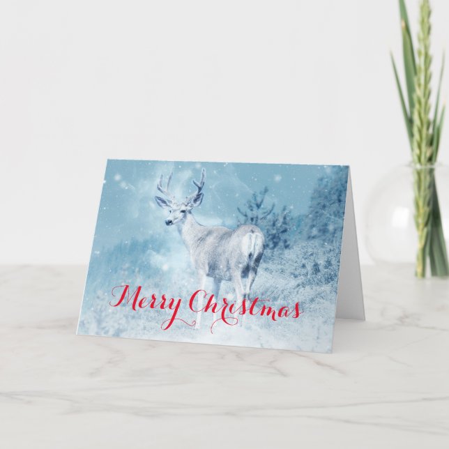 Winter Deer with Pine Trees Merry Christmas Holiday Card (Front)