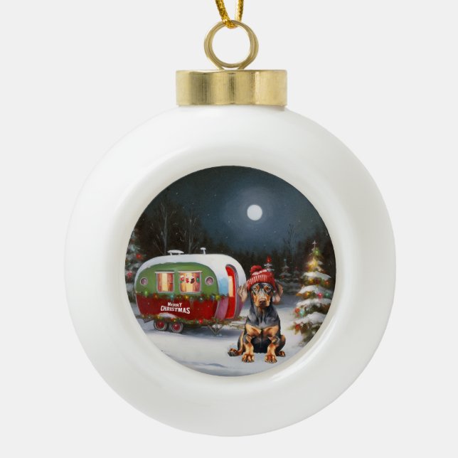 Winter Doberman Caravan Christmas Adventure  Ceramic Ball Christmas Ornament (Front)