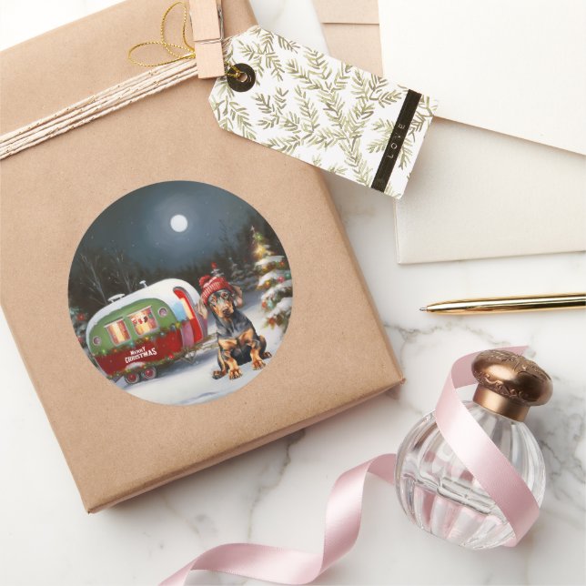 Winter Doberman Caravan Christmas Adventure  Classic Round Sticker (Gifting)