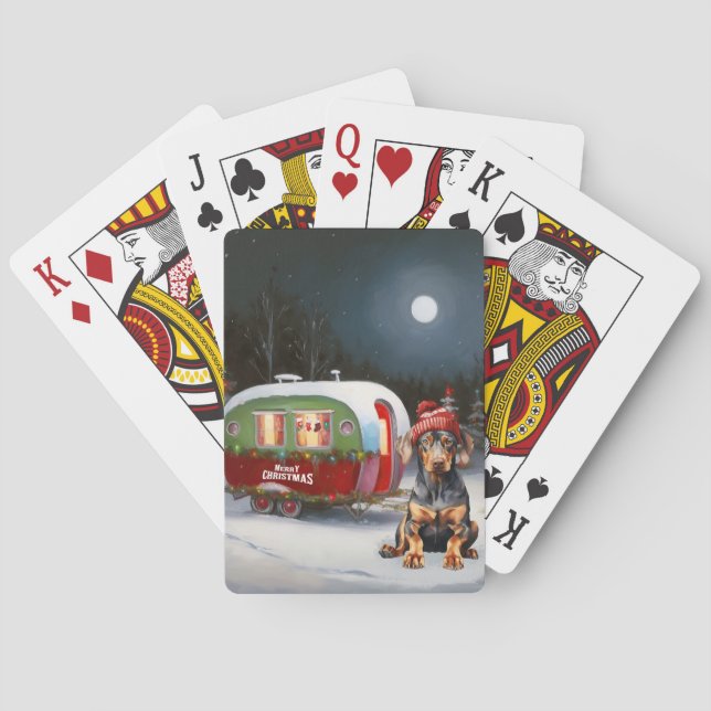 Winter Doberman Caravan Christmas Adventure  Playing Cards (Back)