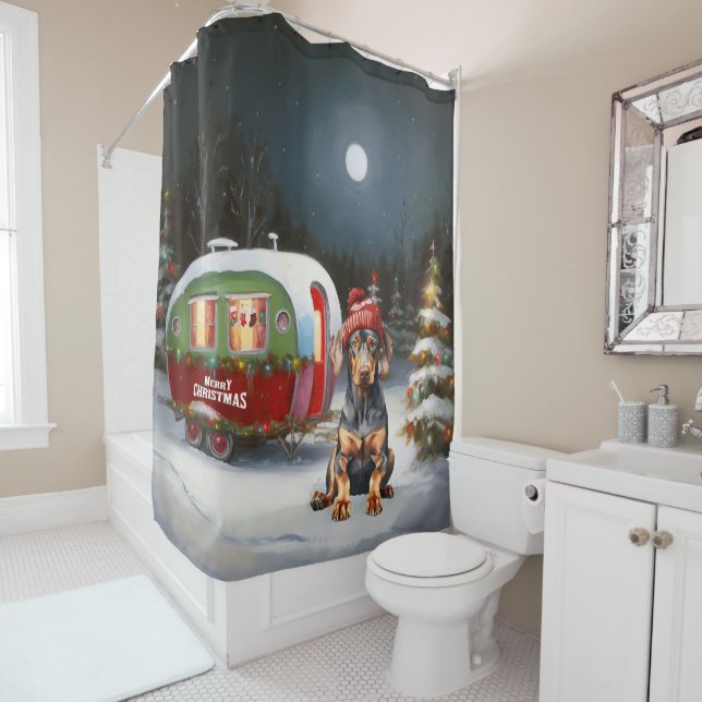 Winter Doberman Caravan Christmas Adventure  Shower Curtain (In Situ)
