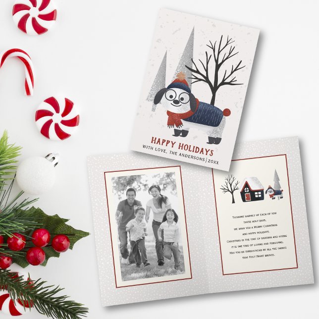 Winter dog and trees Christmas photo folded Holiday Card (Creator Uploaded)