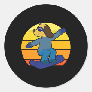 Winter Dog On Snowboard Snowboarding For Men Women Classic Round Sticker