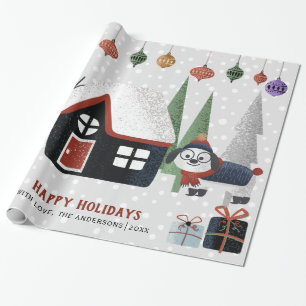 Winter dog, trees and house Christmas holiday Wrapping Paper