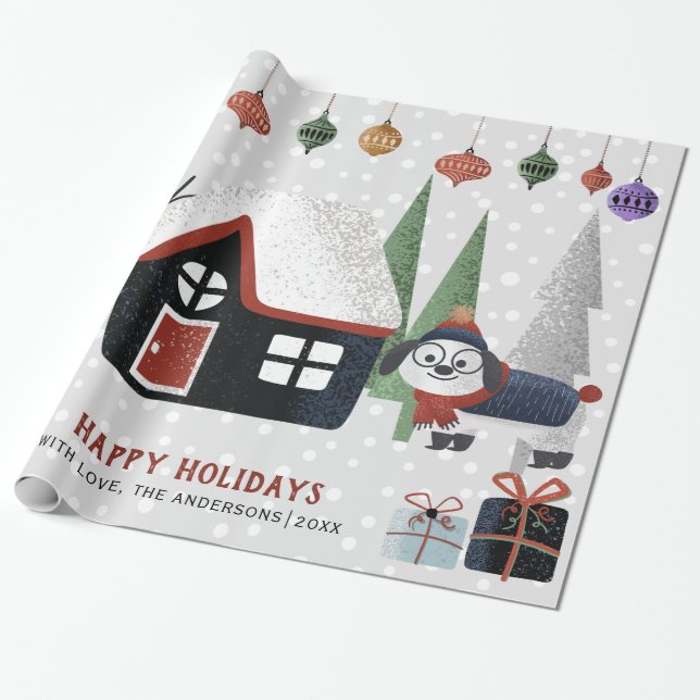 Winter dog, trees and house Christmas holiday Wrapping Paper (Unrolled)