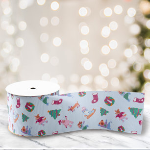 Winter Dogs Ice Skating Pattern Soft Blue Grosgrain Ribbon