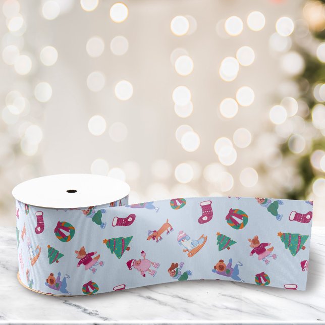 Winter Dogs Ice Skating Pattern Soft Blue Grosgrain Ribbon (Creator Uploaded)