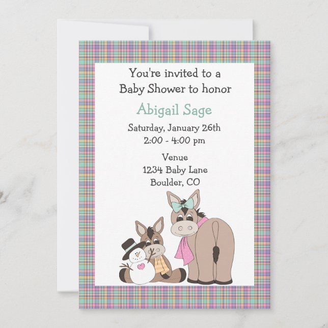 Winter Donkey Baby Shower Invitation - Neutral (Front)